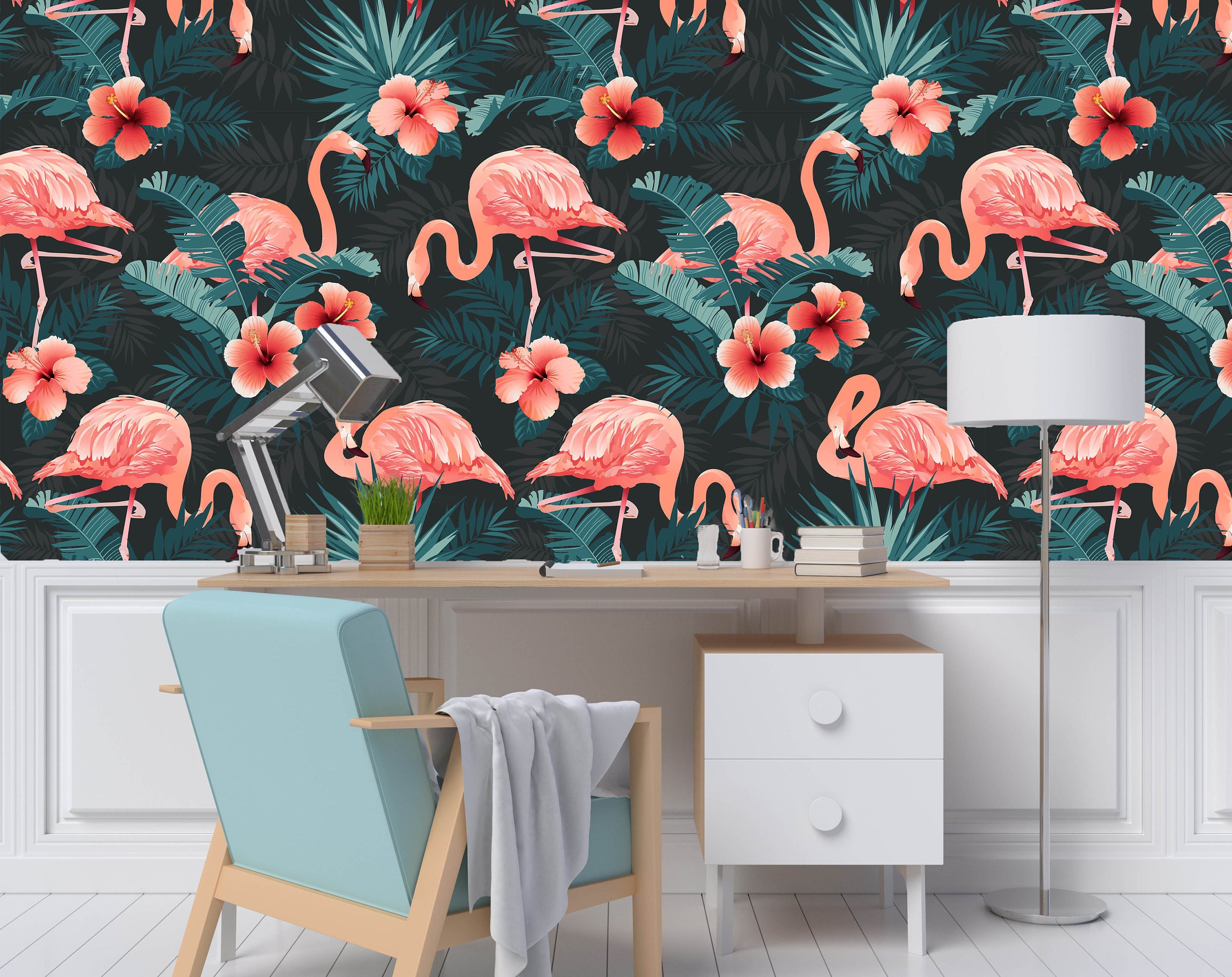 Pink Flamingo Removable Wallpaper Mural Floral Peel & Stick Etsy