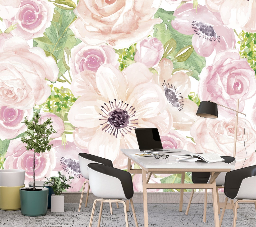 Pink Watercolor Flowers Removable Wallpaper Mural Floral Peel & Stick