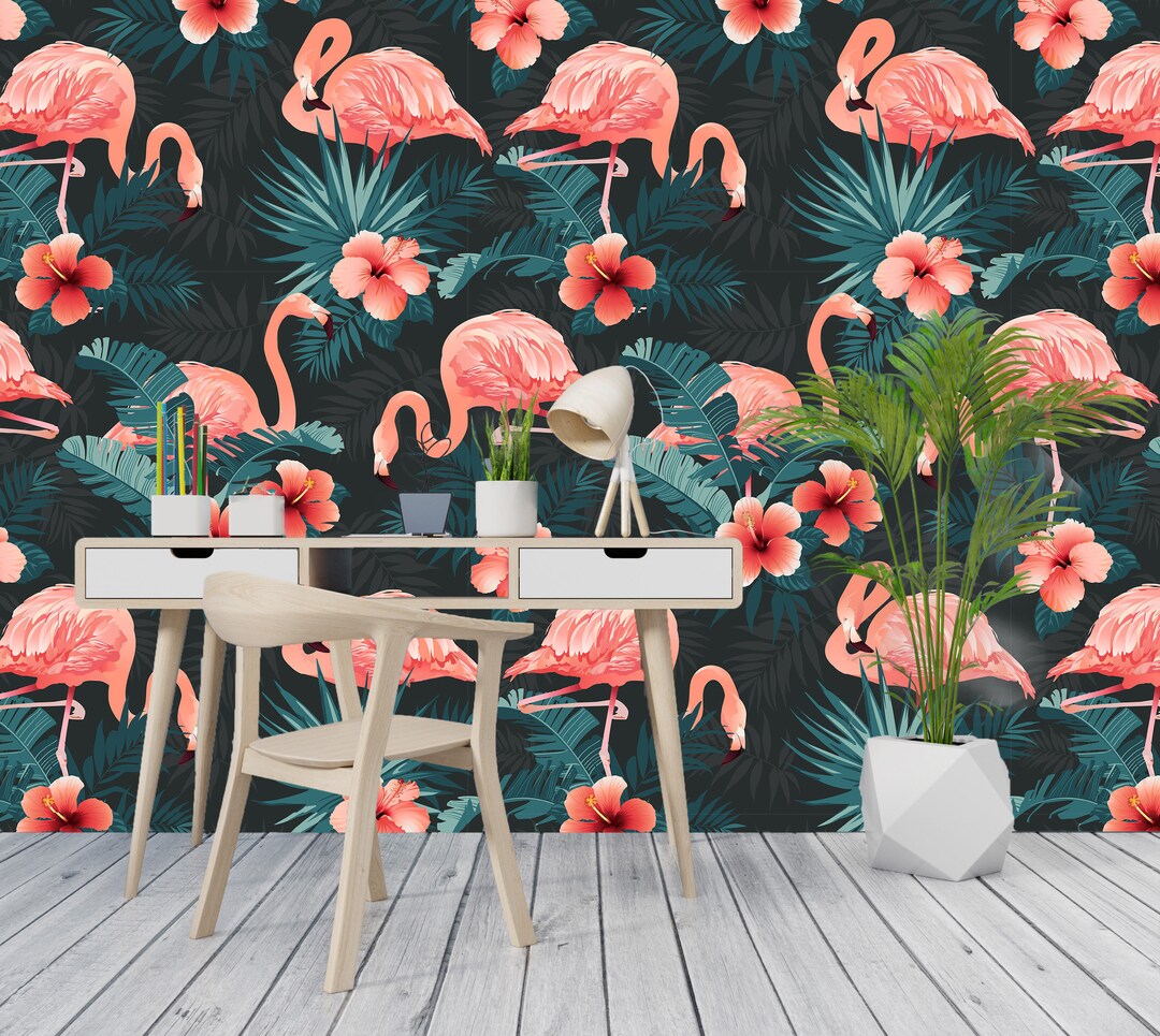 Pink Flamingo Removable Wallpaper Mural Floral Peel & Stick or Pre