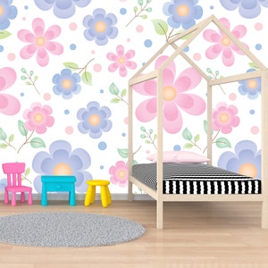 Pink Blue Removable Wallpaper Mural * Floral Peel & Stick or Pre-Pasted Wallpaper * Repositionable Self Adhesive * Easy to Apply!