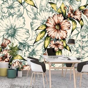 Floral Retro Pattern * Removable Wallpaper Mural * Floral Peel & Stick or Pre-Pasted Wallpaper * Self Adhesive * Easy to Apply!