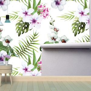 Watercolor Floral Removable Wallpaper Mural * Tropic Reusable Peel & Stick or Pre-Pasted Wallpaper * Self Adhesive * Easy to Apply!
