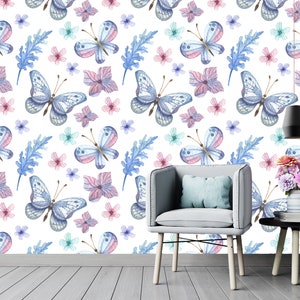 Watercolor Butterflies Removable Wallpaper Mural * Blue Peel & Stick or Pre-Pasted Wallpaper * Repositionable Self Adhesive * Easy to Apply!