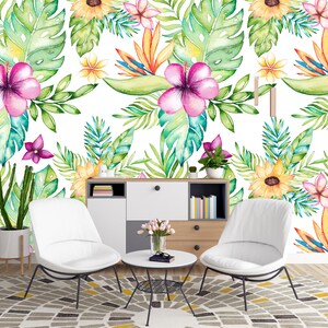 Summer Watercolor Removable Wallpaper Mural * Floral Peel & Stick or Pre-Pasted Wallpaper * Tropical Self Adhesive * Easy to Apply!