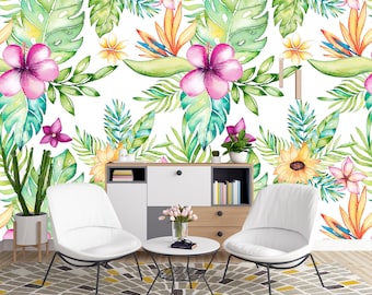 Summer Watercolor Removable Wallpaper Mural * Floral Peel & Stick or Pre-Pasted Wallpaper * Tropical Self Adhesive * Easy to Apply!