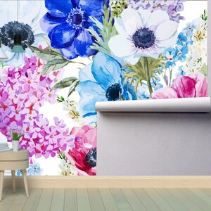 Watercolor Flowers Removable Wallpaper Mural * Floral Peel & Stick or Pre-Pasted Wallpaper * Repositionable Self Adhesive * Easy to Apply!