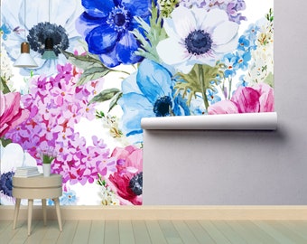 Watercolor Flowers Removable Wallpaper Mural * Floral Peel & Stick or Pre-Pasted Wallpaper * Repositionable Self Adhesive * Easy to Apply!