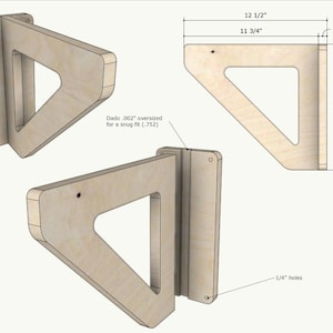 May include: Three wooden shelf brackets with a triangular design. The brackets are light-colored and feature a rectangular mounting plate with pre-drilled holes. Dimensions are provided: 12 1/2" x 11 3/4" x 11" with 1/4" holes.