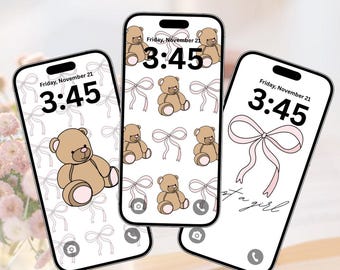 Schattige teddybeer digitale telefoonachtergrond | Collagebehang roze strikken en schattige beren (digitale download)