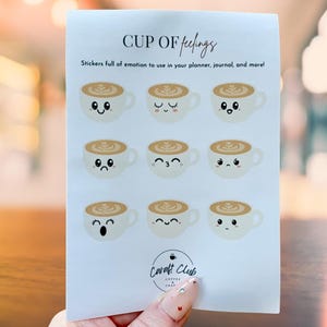 Feuille d'autocollants Cup of Feelings | Feuille d'autocollants pour les émotions dans une tasse de café | Stickers café mignon | Feuille d'autocollants pour journalisation | Stickers pour agenda