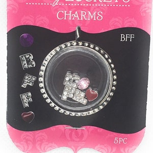 May include: A silver locket charm with the word "BFF" spelled out in rhinestones. The charm is surrounded by a clear plastic circle and comes with five additional charms, including a pink heart, a red heart, and a rhinestone-covered letter "B". The packaging is pink and black with the words "Story Lockets" and "Customize a Locket!" printed on it.