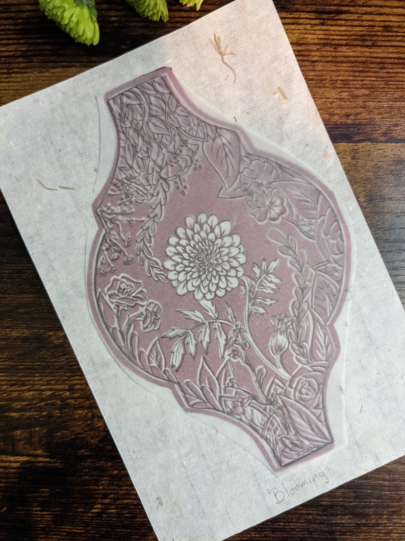 Blooming tile hand printed block print With original Transfer sketch Collectors edition