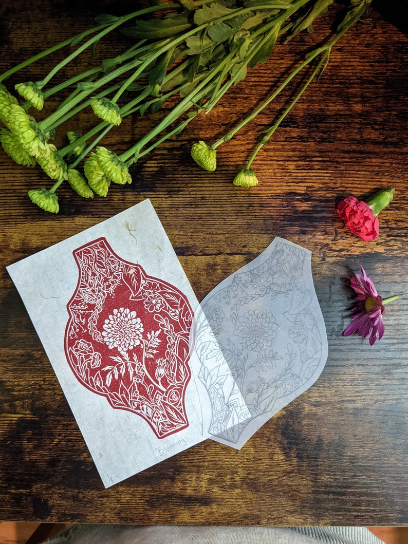 Blooming tile hand printed block print With original Transfer sketch Collectors edition