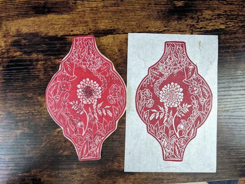 Blooming tile hand printed block print With original Transfer sketch Collectors edition