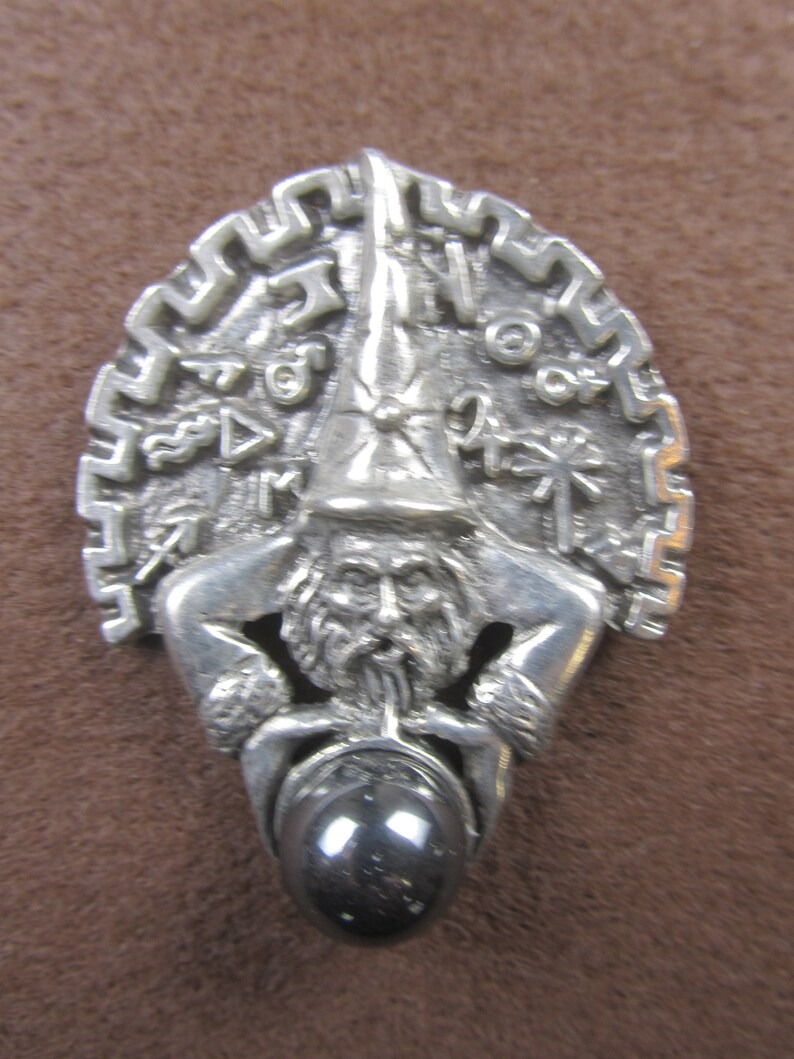 Wizard with Hematite Ball Pewter Occult Fantasy Silver Necromancy Pagan Pendant Jewelry