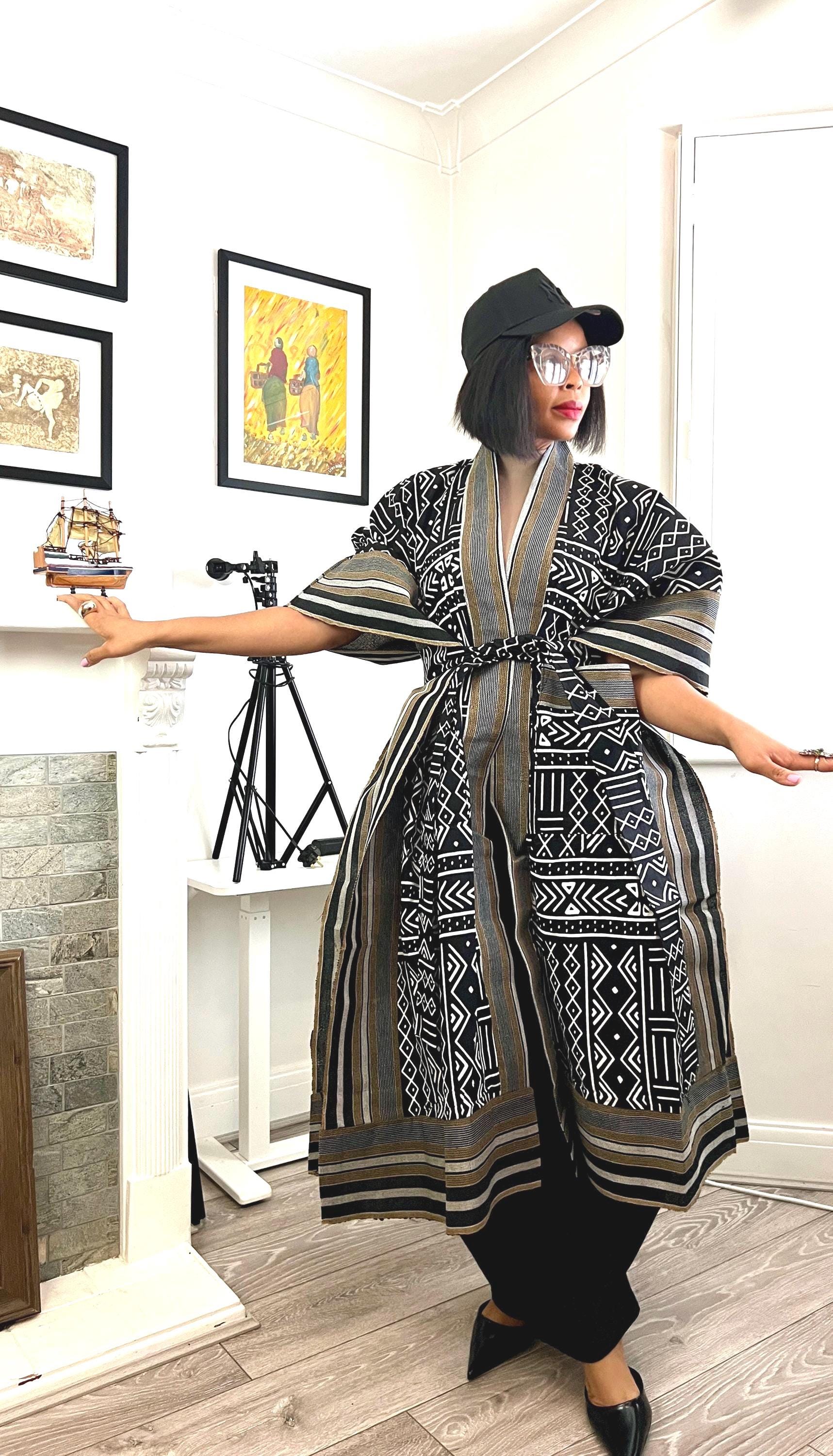 African Print Kimono Duster Jacket, Cotton Ankara & Asooke, Belted