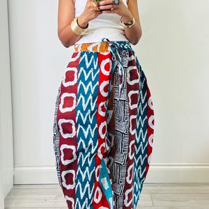 Patchwork Ankara Extreme voluminous Barrel Leg Trousers, 100% Cotton Print, Pockets full length, one size UK 8-14