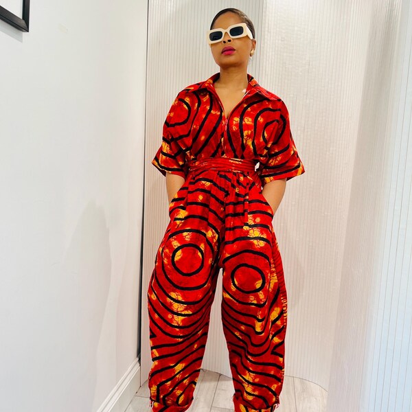 Orange African print Jumpsuit, ankara jumpsuit, women’s boiler suit, ankara romper,harem jumpsuit, mud cloth print dungaree