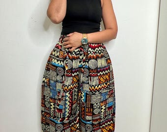 Ankara Barrel Leg Trousers, 100% Cotton Print, Pockets, Elastic Waist (Ankle or Full Length)