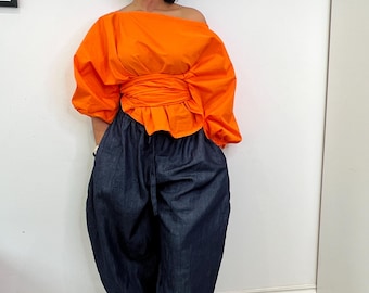 Orange Cotton Poplin Asymmetric Off Shoulder Blouse, Balloon Sleeve Wrap Top