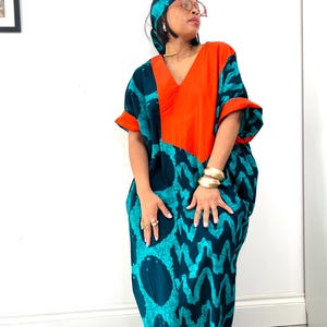 Teal Orange Patchwork Ankara Bubu Dress – African Kaftan Maxi with Sash Belt