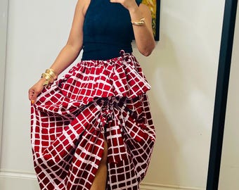 Falda larga peplum con estampado africano a cuadros rojos y blancos y bolsillos, talla única