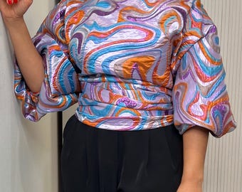 Brocade Organza Crop Top, Asymmetric Balloon Sleeve Blouse