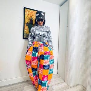 Patchwork Adire inspired Ankara Barrel Leg Trousers, 100% Cotton Print, Pockets (Ankle or Full Length) one size UK 8-14