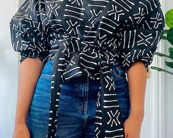 Off shoulder crop top, turquoise African top, asymmetric blouse, lantern sleeve blouse, baloon sleeve shirt, african print crop top