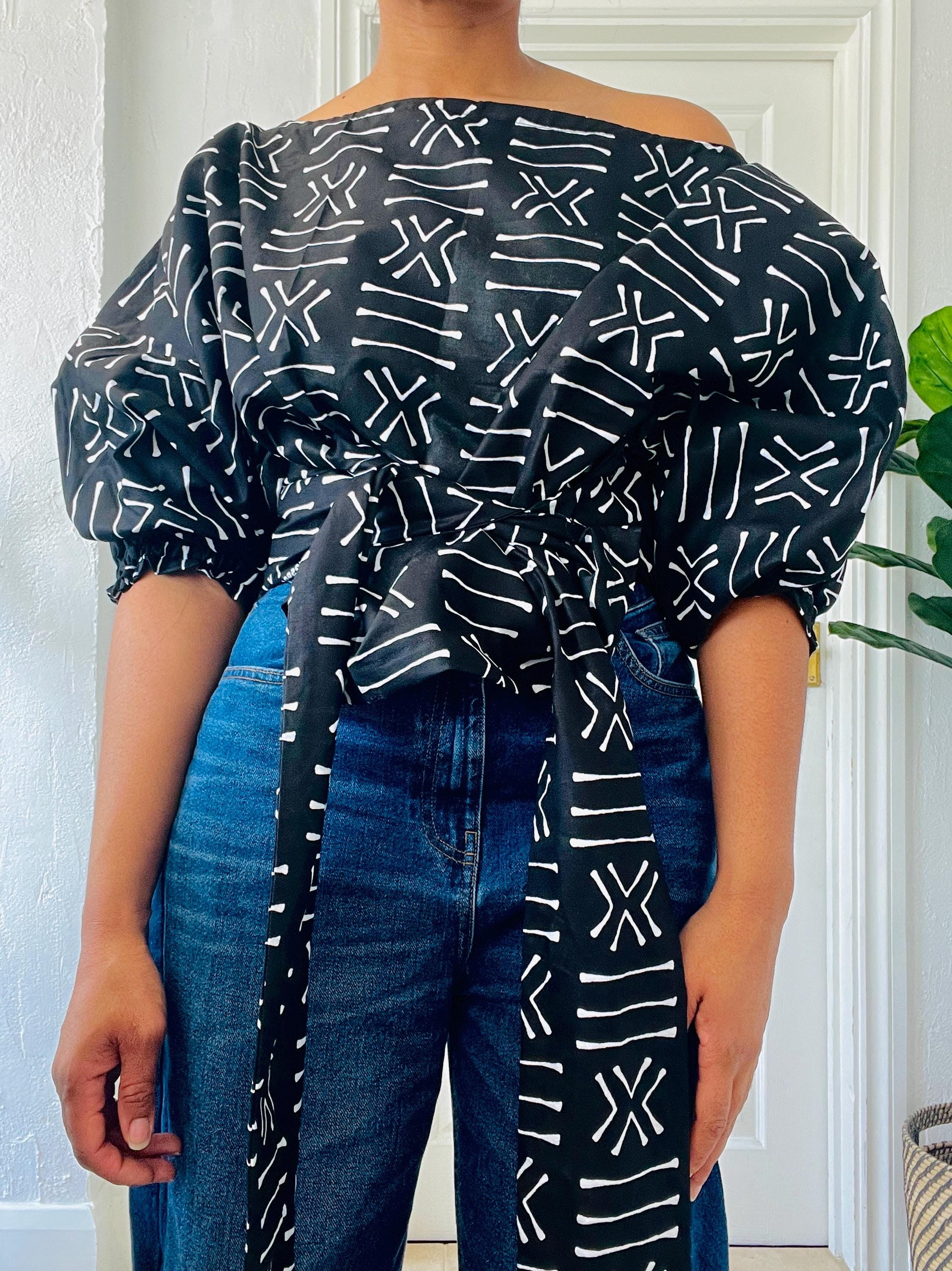 Off shoulder crop top, turquoise African top, asymmetric blouse, lantern sleeve blouse, baloon sleeve shirt, african print crop top
