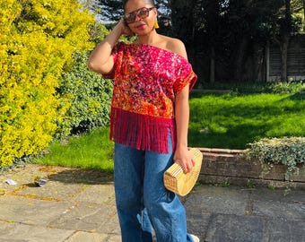 African print top, boho kimono women, ankara crop top, off shoulder top, hippie tops, tassel top, asymmetric top, fringe crop top