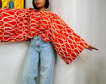 Red African Print Kimono Top: Batwing Sleeve Boho Shrug