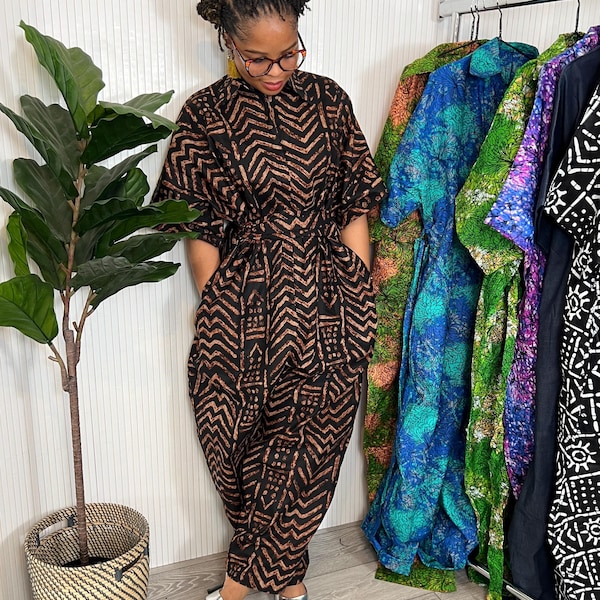 Brown Tribal Print Harem Jumpsuit, African Wax Cotton