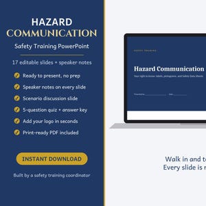 Op de afbeelding: Een digitale presentatiesjabloon voor Hazard Communication veiligheidstraining. De donkerblauwe zijbalk bevat 17 bewerkbare dia's, sprekersnotities, een quiz en PDF-opties. Een laptopscherm toont de titelpagina met een geel kolfpictogram.