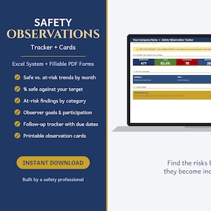 May include: A digital safety observation tracker displayed on a laptop screen, featuring data tables with metrics like observations, percentages, and findings. The interface includes sections for setup, observer goals, and a log for tracking safety risks.