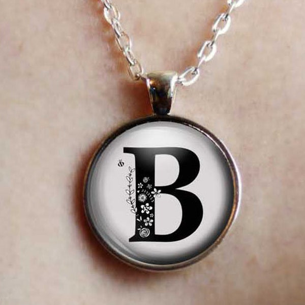 Silver Initial Pendant Necklace with Monochrome Floral Design