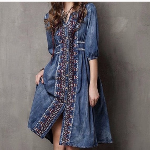 満点の Denim Midi Stitch Cross Qiaowa Keer Vintage Dress Etsy - S Size パンツ