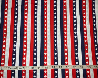 May include: Red, white, and blue striped fabric with white stars. The fabric is 19 inches wide.