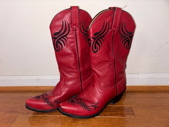 Embroidered Red Leather Western Cowboy Boots Woman Size 8 Etsy