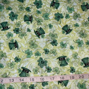 St. Patrick Clover And Hat 100% Cotton Fabric Sold By 1/2 Yard