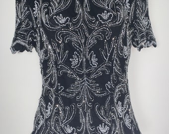 Vintage Beautiful Elegant Stenay 100% Silk Handmade Beaded Top Size XS/S/M