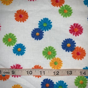 Elegant Colorful Daisy On White 100% Cotton Fabric Sold By 1/2 Yard 18&quot;L x 44&quot;W More Available