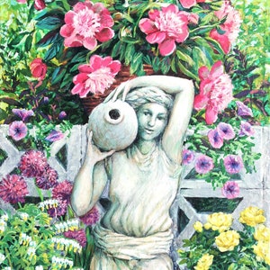 Original painting with water nymph, pots of flowers on a brick patio. Sunny summer garden. zdjęcie 1