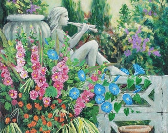 Original painting with cherubs, flute player and pots of flowers on a brick patio. Sunny summer garden.