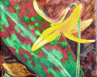 wild flower painting in acrylic on stretched cotton canvas, botanical art, 6" x 7" , yellow flower painting, Trout Lily