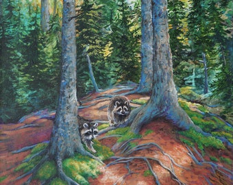 wildlife art, racoons in the forest, forest painting, nature art, landscape, boreal forest