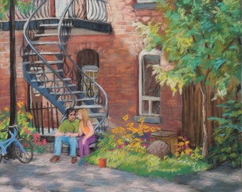 Pastel drawing, street scene with young lovers original art, original drawing