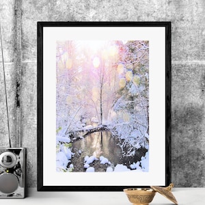 Photographic wall art, snowy winter landscape with sun sparkling through frosty branches, digital download