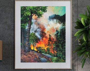 Forest Fire Art Print: Wildfire Mountain Landscape (digital