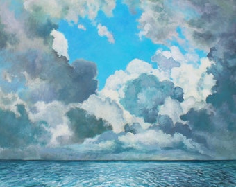 Acrylic painting of clouds and ocean "Sea and Sky" original art, square format, large size wall art